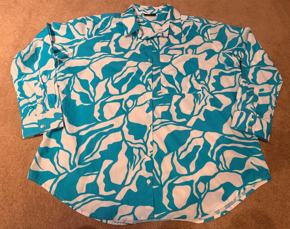 APNY Women's Button Down Shirt Abstract Pattern Blue White Long Sleeve SZ XL